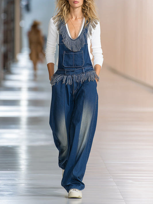 Fashionable Western-style Tassel Denim Wide-leg Overalls