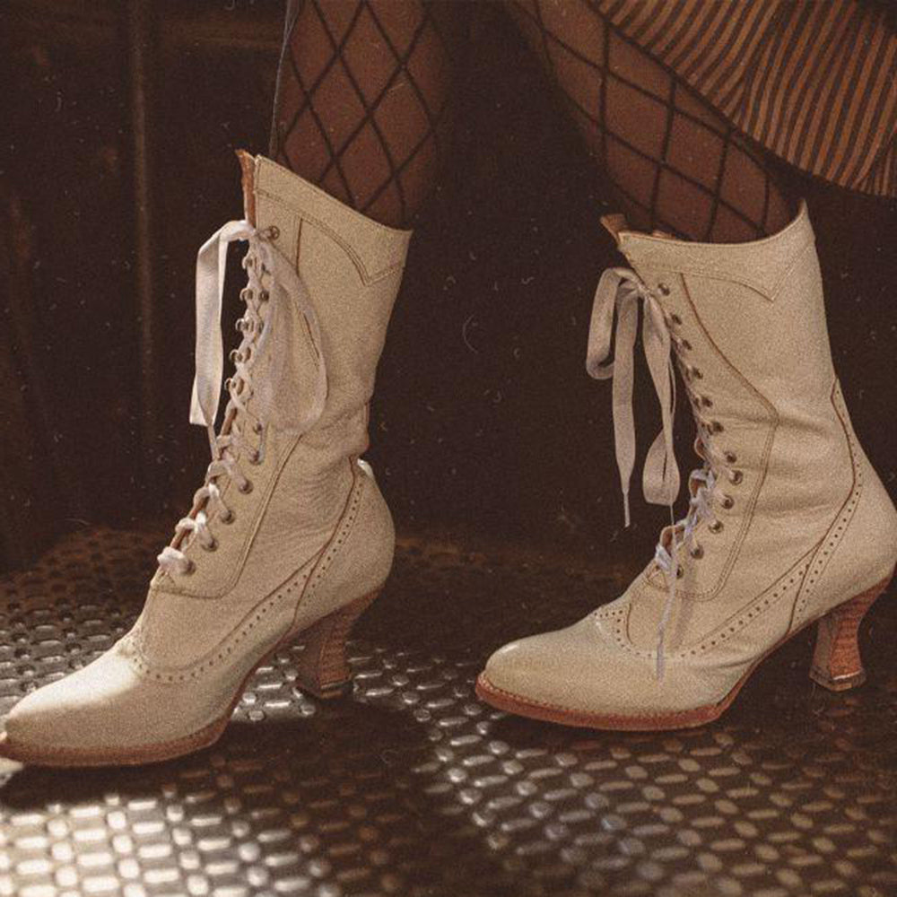 Elegant Lace-Up Almond Toe Mid-Calf Spool Heeled Boots in White