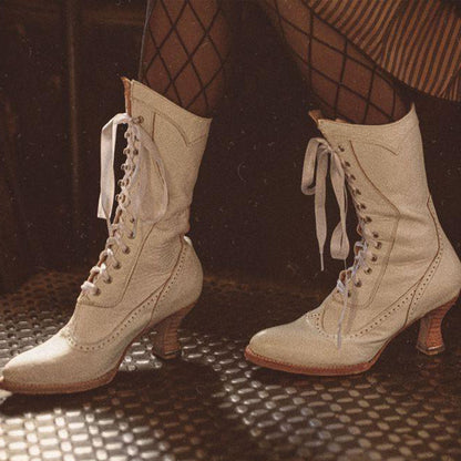 Elegant Lace-Up Almond Toe Mid-Calf Spool Heeled Boots in White