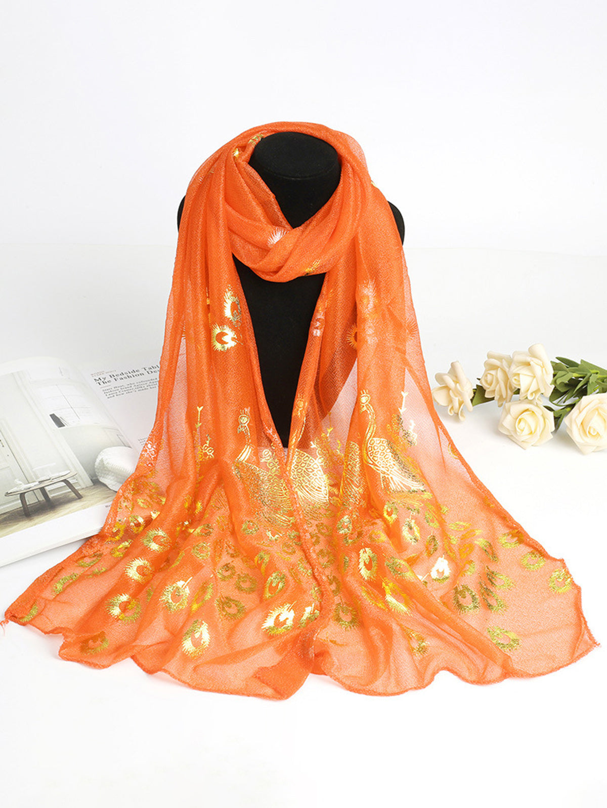 Elegant Plain Peacock Gold Stamping Lightweight Shawl
