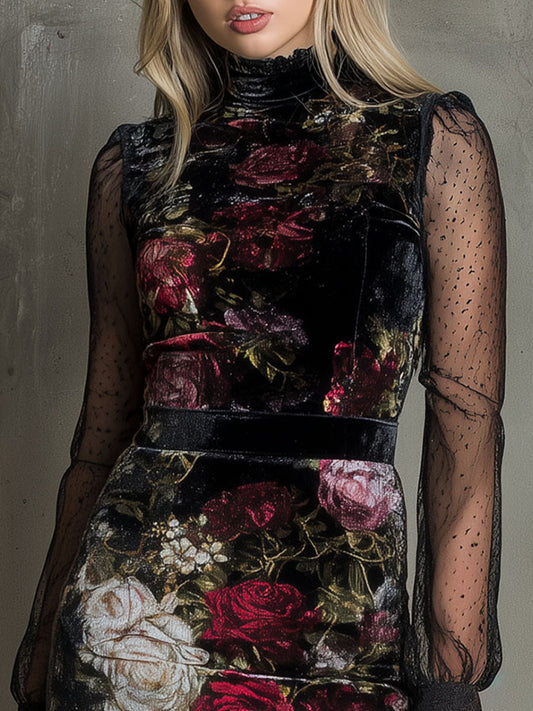 Elegant Sheer Long Sleeves Velvet Floral Mini Dress