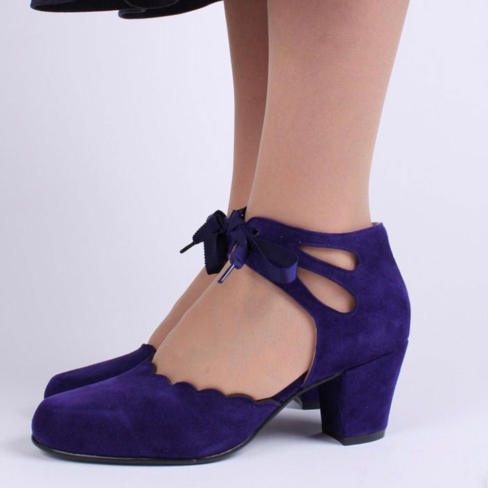 Faux Suede Block Heel Ankle Strap Lace-Up Purple Pumps for Women