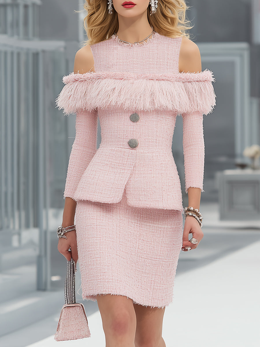 Exquisite And Elegant Off-the-shoulder Tassel Top And Skirt Pink Tweed Set