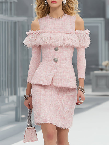 Exquisite And Elegant Off-the-shoulder Tassel Top And Skirt Pink Tweed Set