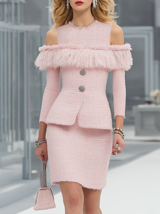 Exquisite And Elegant Off-the-shoulder Tassel Top And Skirt Pink Tweed Set