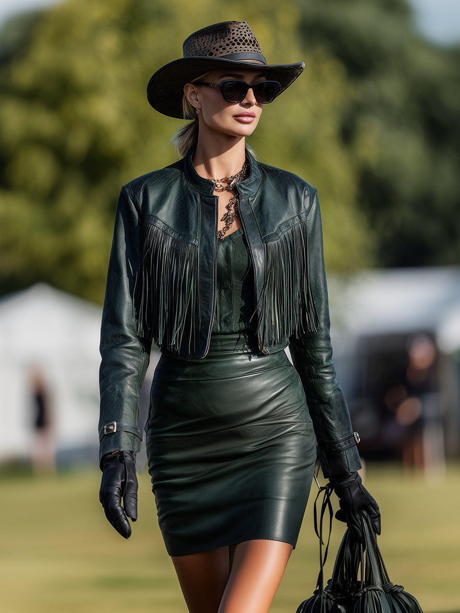 Fashionable Western Style Dark Green Faux Leather Round Neck Jacket And Tassel Skirt Set