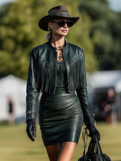 Fashionable Western Style Dark Green Faux Leather Round Neck Jacket And Tassel Skirt Set