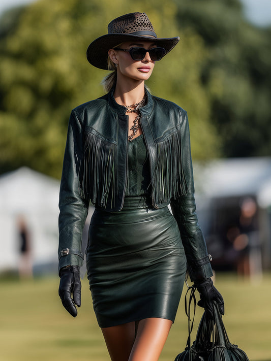 Fashionable Western Style Dark Green Faux Leather Round Neck Jacket And Tassel Skirt Set