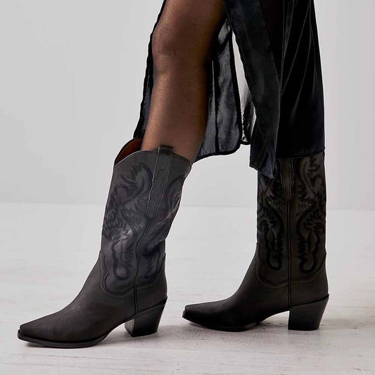 Dark Gray Pointed Toe Block Heel Embroidered Mid Calf Cowgirl Boots