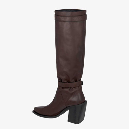 Dark Brown Vegan Leather Pointed Toe 3‘’ Chunky Heel Knee High Boots