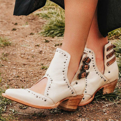 Beige Closed Toe Studded Hollow-Out Block Heel Side V Cut Ankle Boots