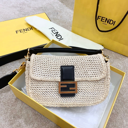 FI Baguette Woven Straw Black For Women, Handbags, Shoulder And Crossbody Bags 10.2in/26cm FF