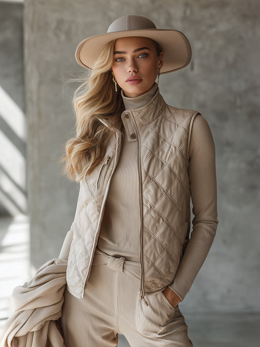 Fashionable Casual Quilted Beige Vest