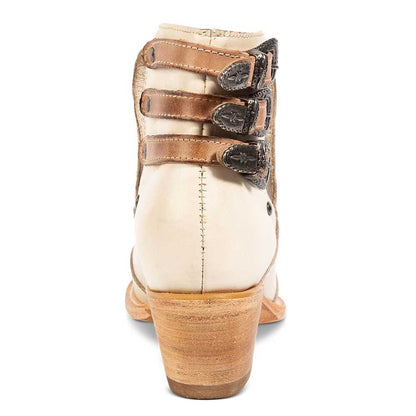 Beige Closed Toe Studded Hollow-Out Block Heel Side V Cut Ankle Boots