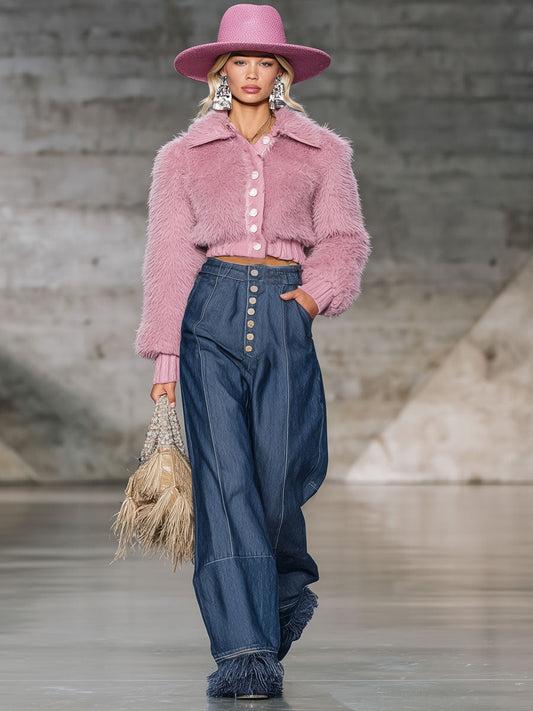 Fashion Retro Tassel Wide-Leg Dark Blue Jeans