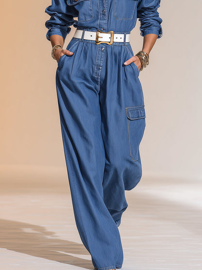 Fashion Casual Denim Lapel Multi-pocket Long-sleeved Jumpsuit