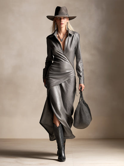 Fashionable Personality Gray Frosted Textured Faux Leather Lapel Long-sleeved Maxi Dress