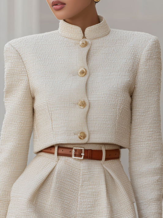 Elegant Textured Cream Two-Piece Set With High-Waisted Shorts
