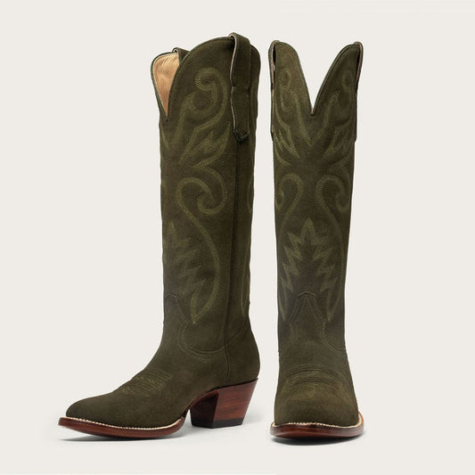 Fashion Olive Snip Toe Chunky Heel Pull-On Embroidered Cowgirl Boots