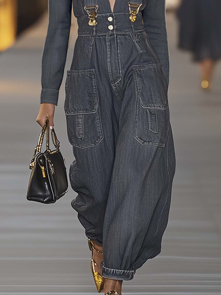 Fashionable And Personalized Loose V-neck Long-sleeved Gray Denim Jumpsuit