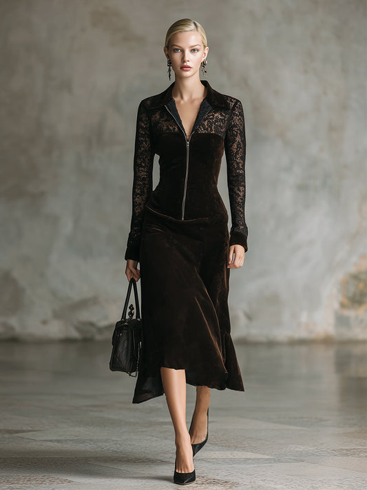 Elegant Retro Dark Brown Velvet Stitching Lace Long-sleeved Maxi Dress