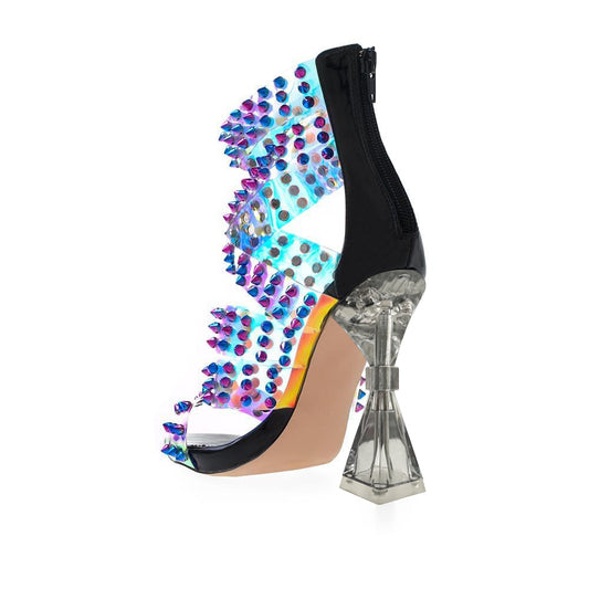 Embellishment Clear Open Toe  4'' Decorative Heel Studded Sandals