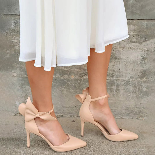 Beige Pointed Toe Stiletto Heel Elegant Ankle Strap Pumps with Bow