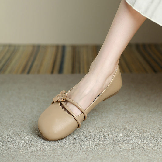 Beige Vegan Leather Round Toe Flat Formal Pumps