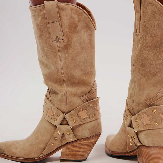 Beige Faux Suede Pointed Toe Chunky Heel Mid-Calf Cowgirl Boots