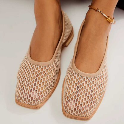 Beige Mesh Upper Slip-On Flat Shoes for Women with Square Toe