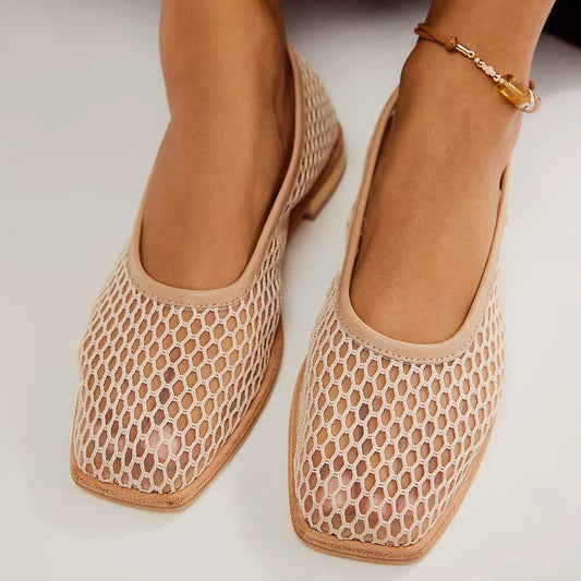 Beige Mesh Upper Slip-On Flat Shoes for Women with Square Toe