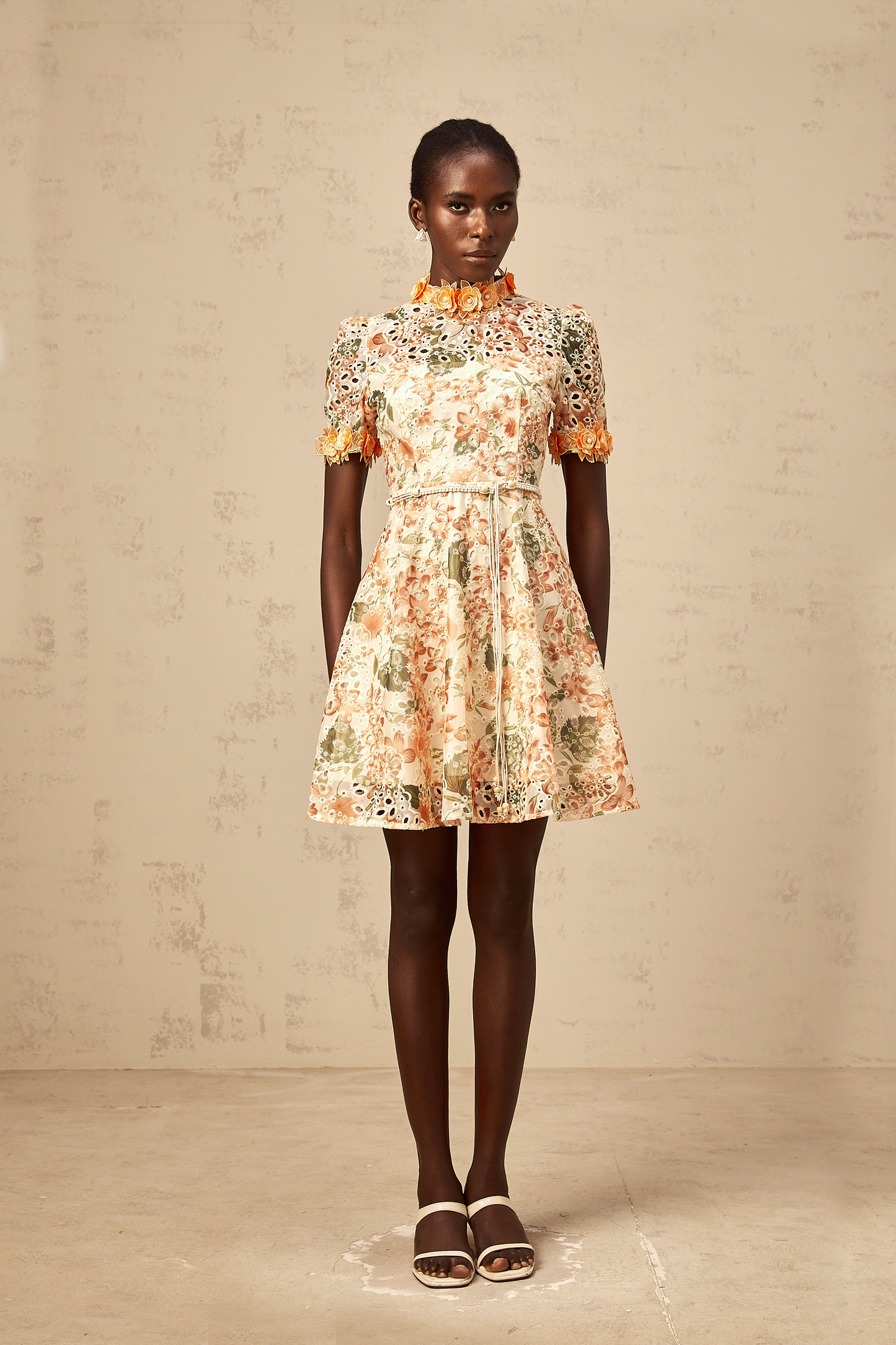 Lilou orange flower-embroidered embellished mini dress