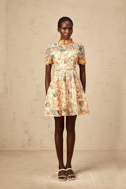 Lilou orange flower-embroidered embellished mini dress