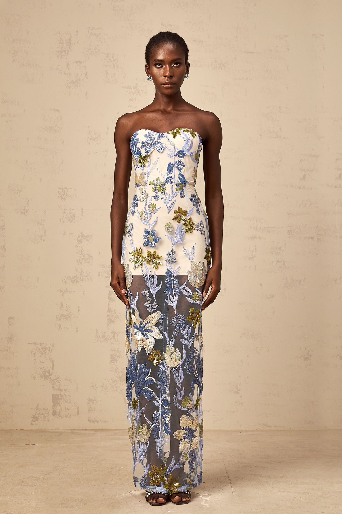 Patricia blue sequined flower-embroidered corset tulle maxi dress
