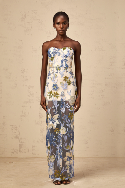 Patricia blue sequined flower-embroidered corset tulle maxi dress