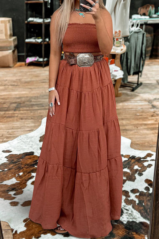 Western Solid Color Tube Top Ruffled Long Skirt Suit