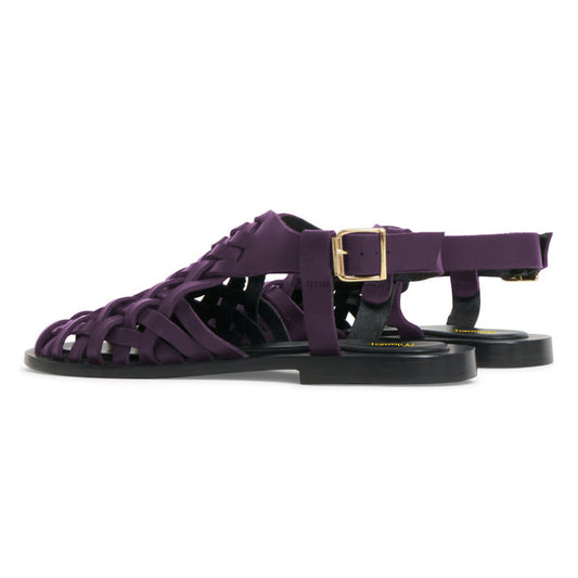 Dark Purple Vegan Leather Flat Closed Toe Sandals with Buckle