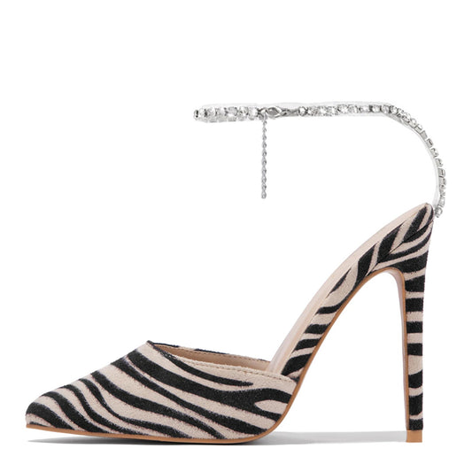 Beige & Black Zebra Print Pointed Toe Stiletto Heel Pumps