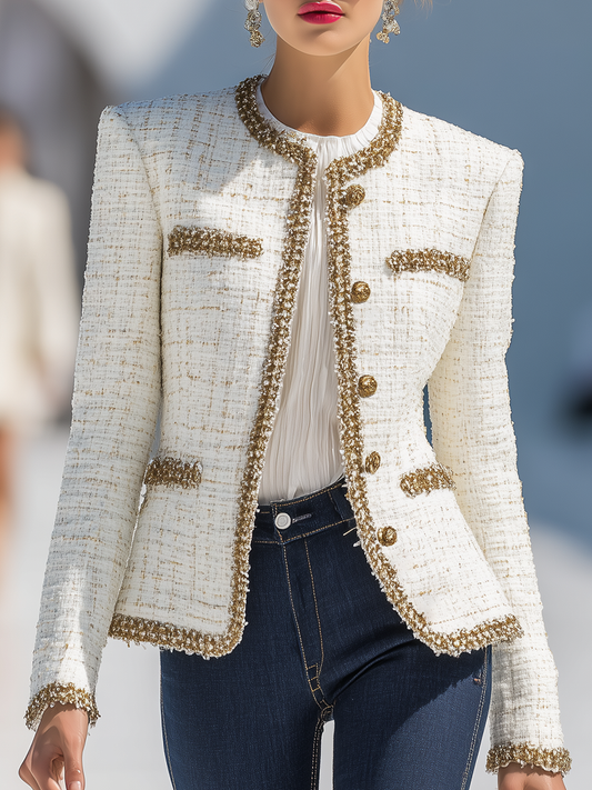 Elegant Gold Trim Round-neck Tweed Jacket