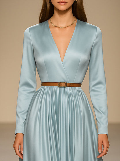Elegant And Fashionable V-neck Light Blue Satin Maxi Dress