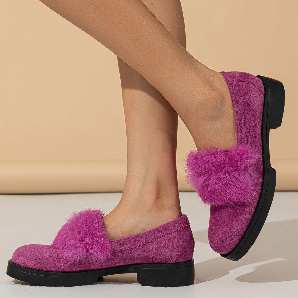 Fuchsia Vegan Suede Round Toe Fuzzy Decorated Loafer Shoes Women