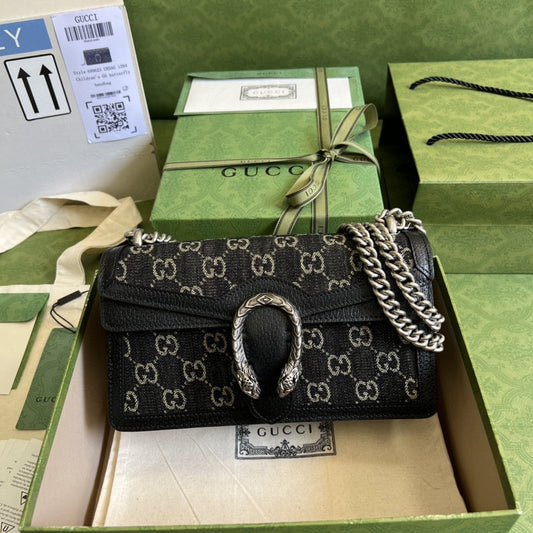 gg Dionysus Small gg Shoulder Bag Black And Ivory gg Denim Jacquard For Women 10in/25cm 499623