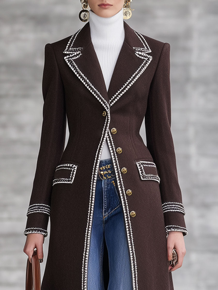 Fashion Retro Ribbon Trim Chocolate Wool Long Coat