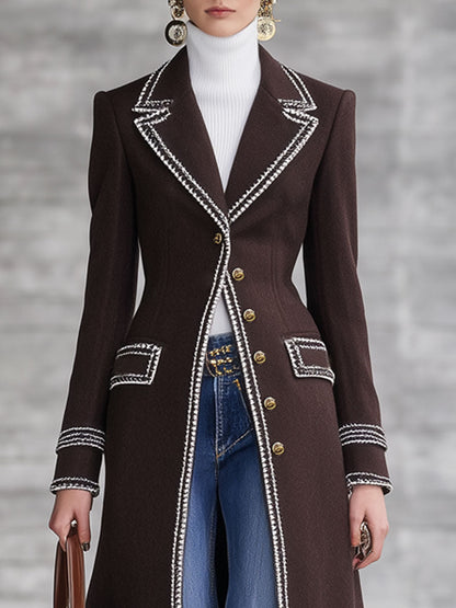 Fashion Retro Ribbon Trim Chocolate Wool Long Coat