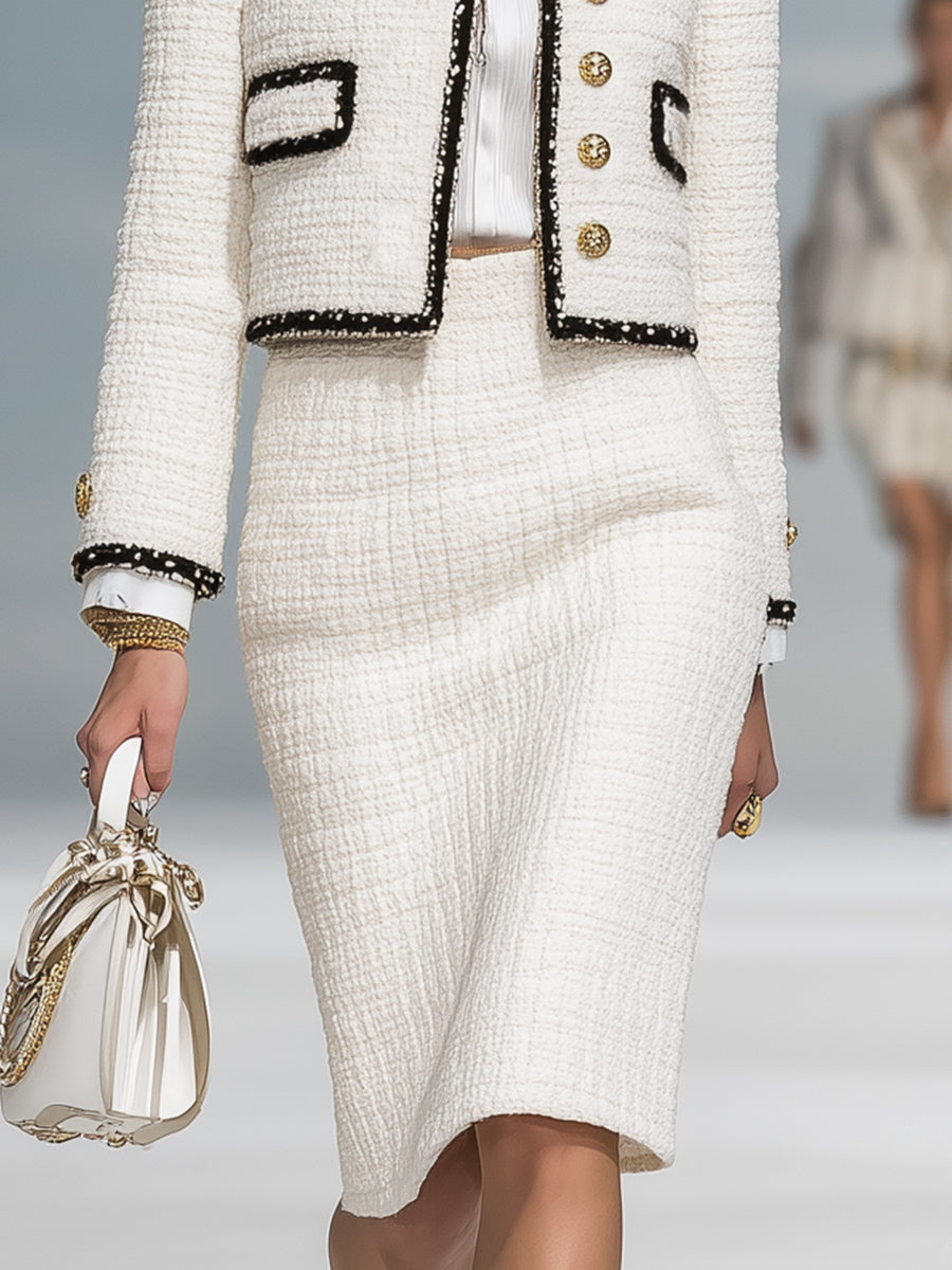 Elegant Classic Black Trim White Tweed Gold Button Short Jacket And Skirt Set
