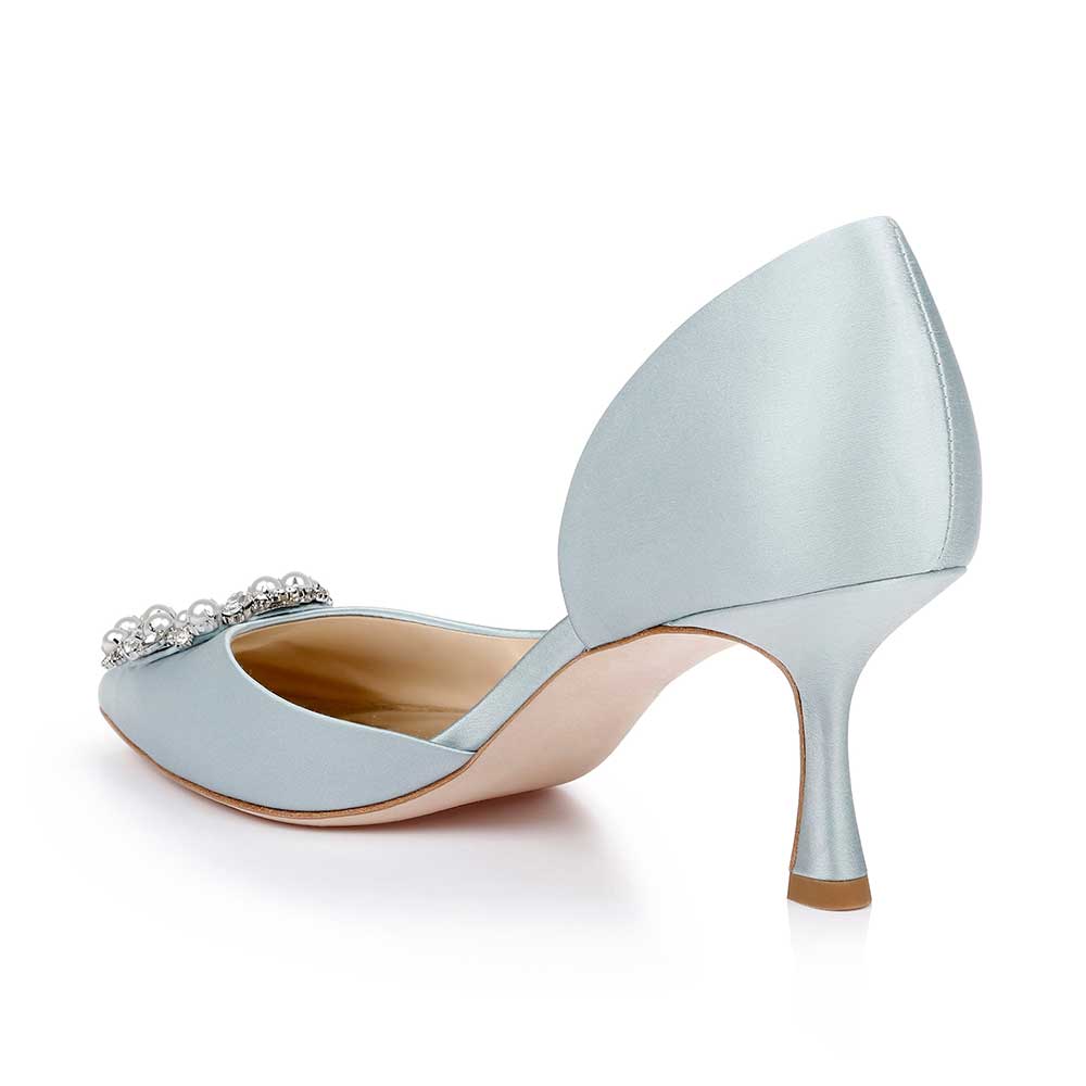 Elegant Light Blue Satin Pearl & Rhinestone Buckle Wedding Heels