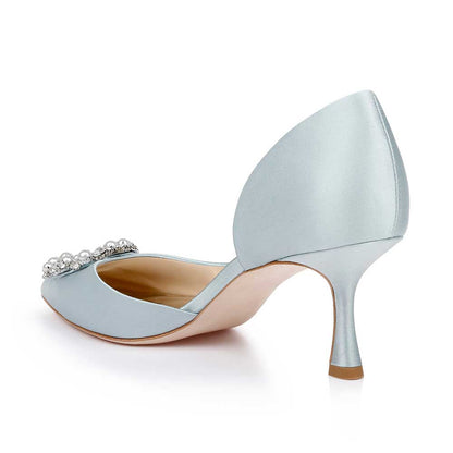Elegant Light Blue Satin Pearl & Rhinestone Buckle Wedding Heels