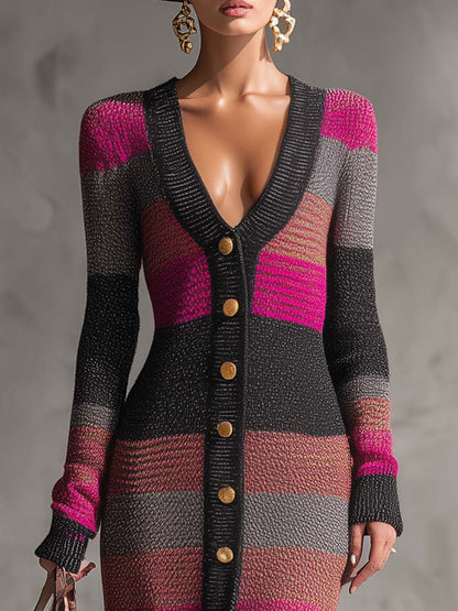 Exquisite Retro V-neck Front Metal Buckle Pink And Black Contrast Cardigan Knitted Maxi Dress