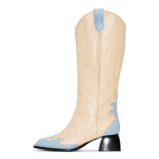 Beige & Blue Square Toe Chunky Heel Knee High Winter Boots