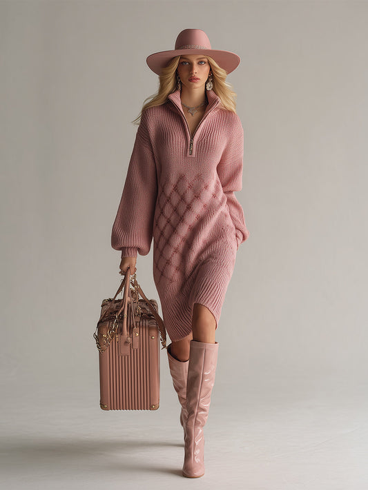Elegant And Casual Dry Pink Half-zip Knitted Long-sleeved Midi Dress